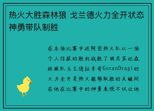 热火大胜森林狼 戈兰德火力全开状态神勇带队制胜